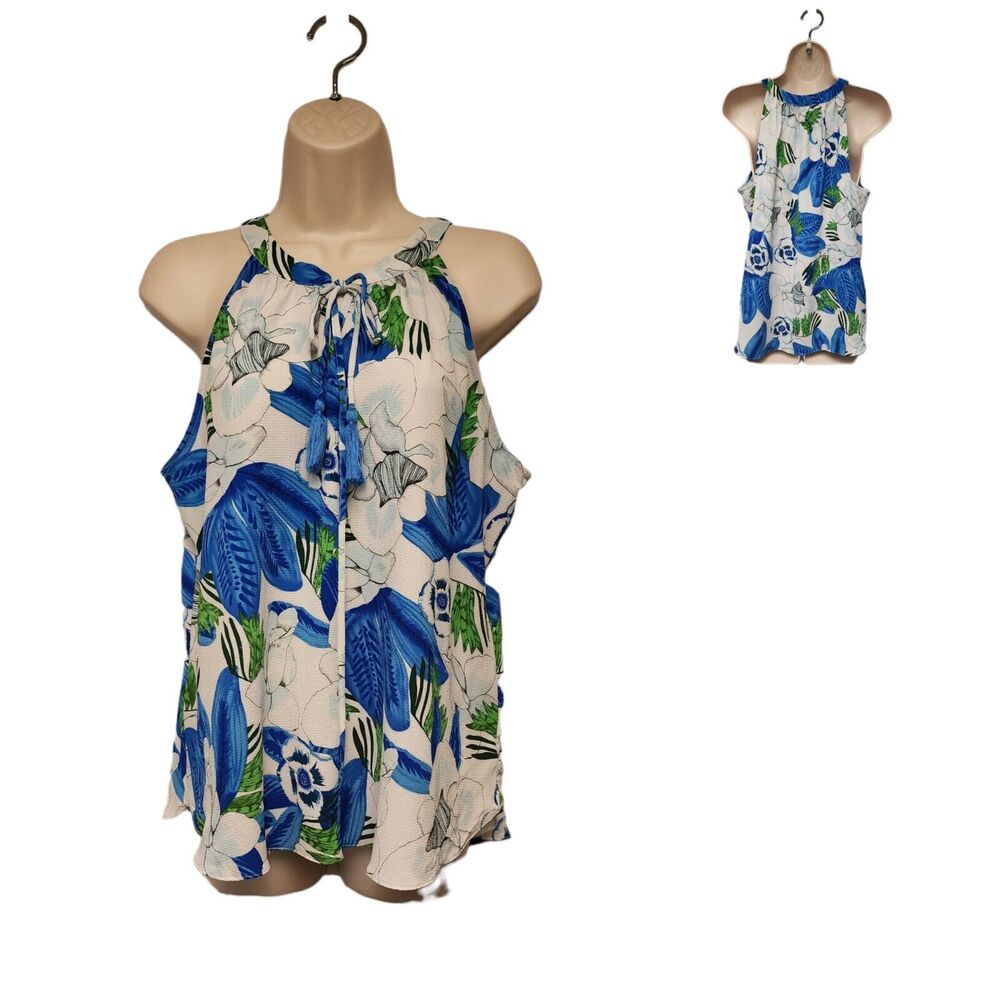 C & E Multicolor Blue Halter Neck Tie Tunic Blouse Top Size Large